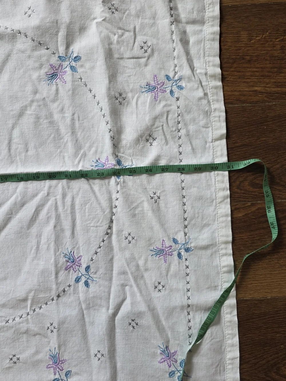 Embroidered Floral Tablecloth White with Purple & Blue Flowers Cozy Cottage Vtg